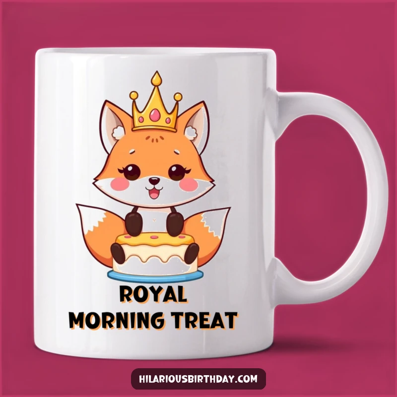 Funny Kawaii Fox Birthday Mug: Crowned Fox with Cake Makes a Royal Gift