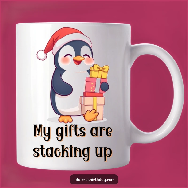Funny Penguin Gift Mug: Giggling Bird Stacking Presents, Perfect Humorous Present