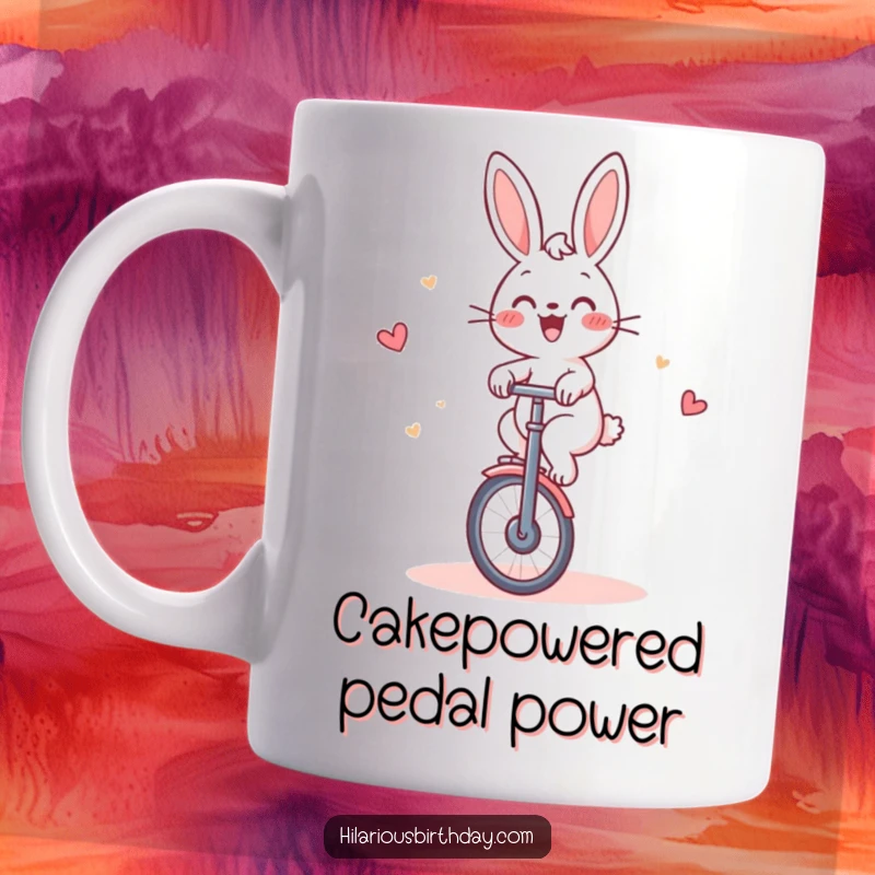 Funny Rabbit Mug: Cheerful rabbit gleefully riding a unicycle around a birthday cake, perfect for humor lovers.