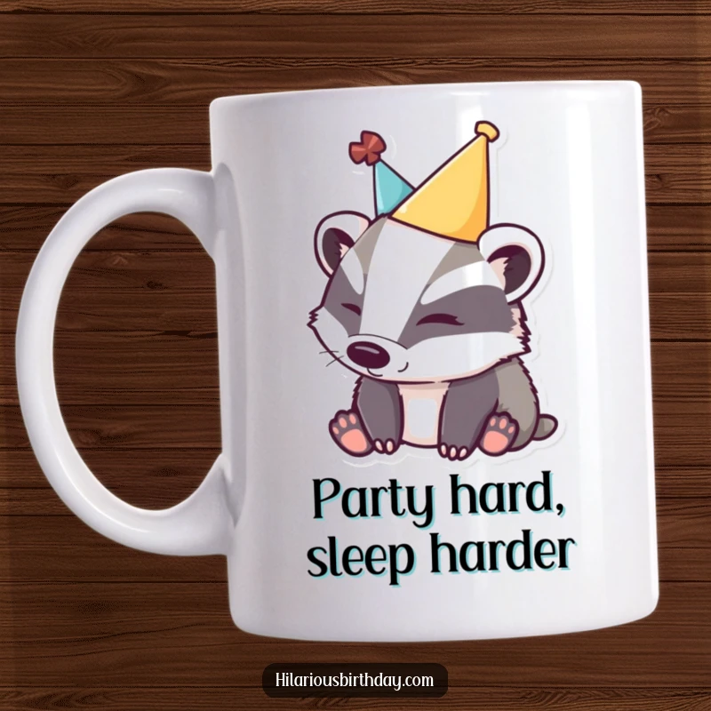 Funny sleepy badger mug with a party hat tilted askew, radiating a charmingly tired and festive aura.