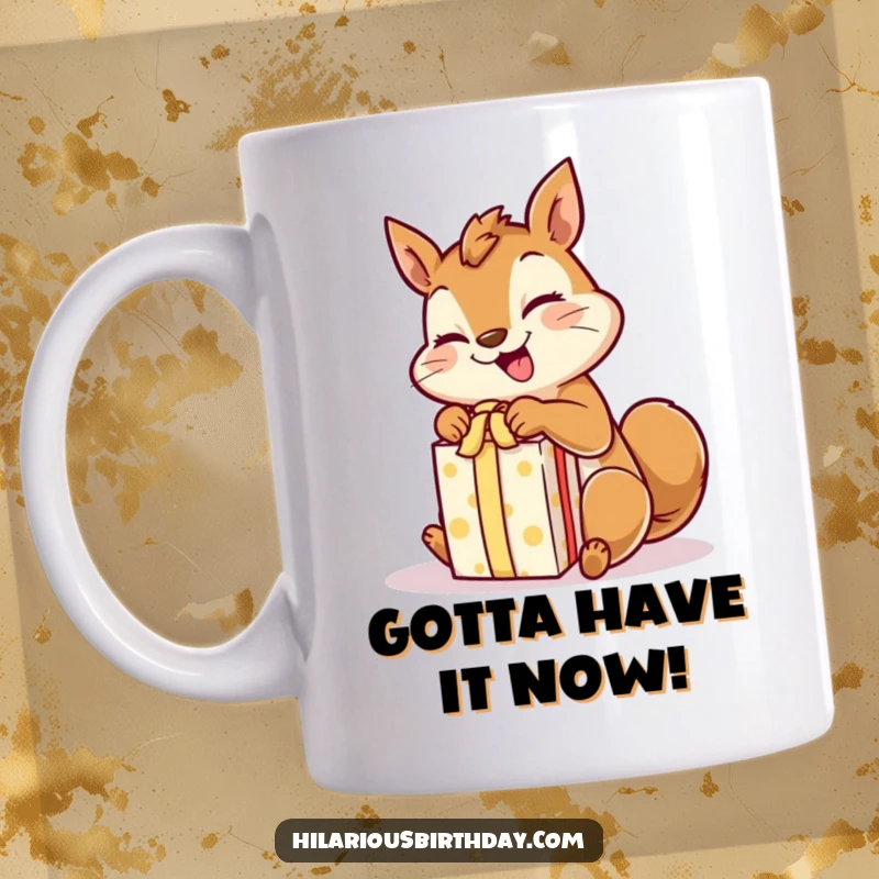 Funny giggling squirrel character with excited paws rapidly unwrapping a gift on this mug.