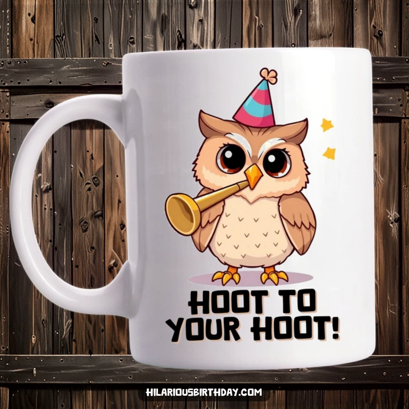 Funny mug featuring a cheerful owl wearing a party hat and happily blowing a trumpet.