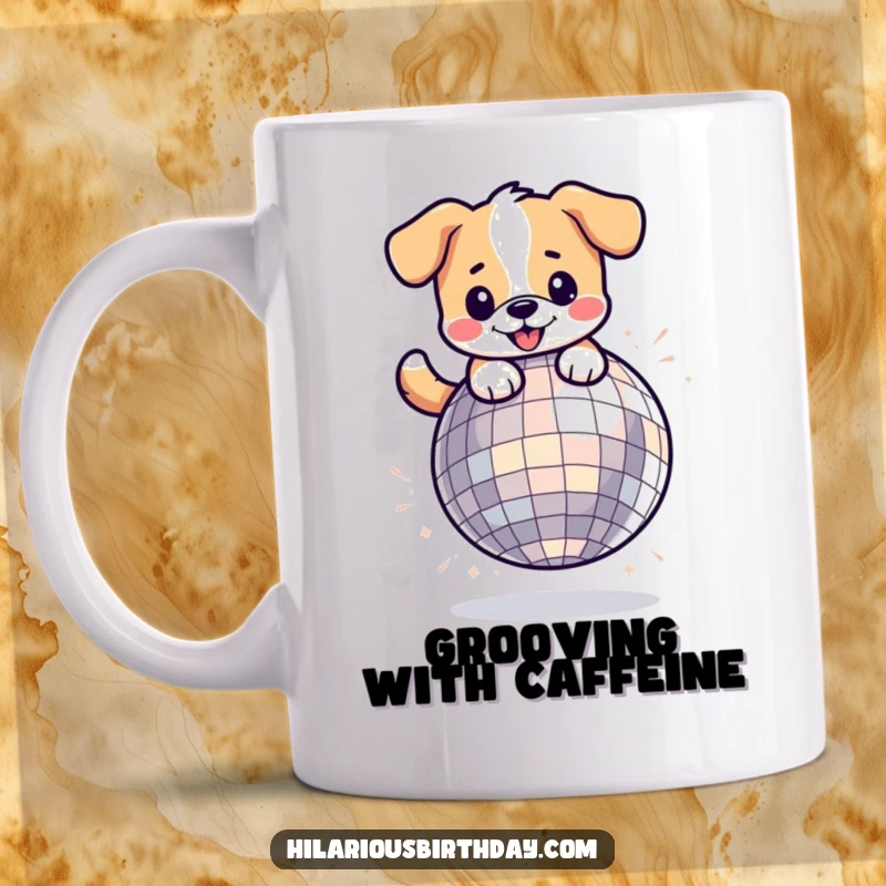 Funny kawaii dog character energetically bouncing on a giant disco ball, perfect for a festive mug.