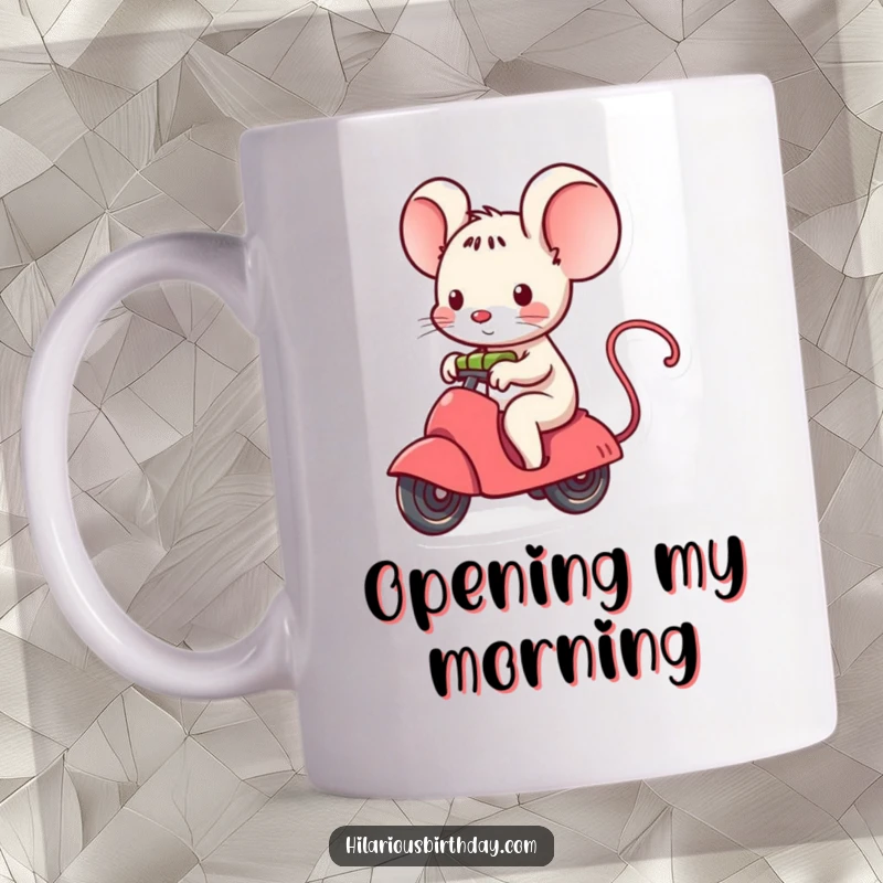 Funny kawaii mouse character joyfully riding a small, unwrapping gift box, featured on a charming mug.