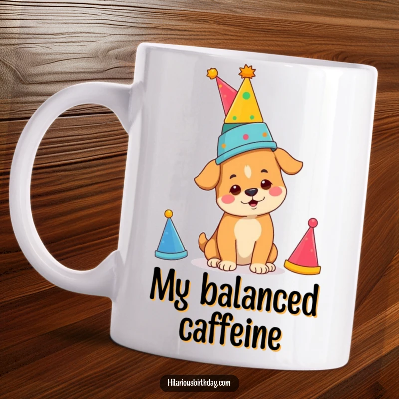 Funny determined dog balancing a stack of party hats, on a mug, a hilarious funny gift.