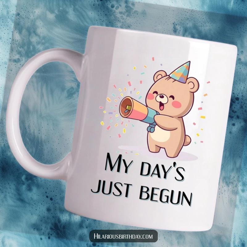 Funny kawaii bear character joyfully launching confetti from a party cannon, bringing celebratory cheer to this delightful mug.