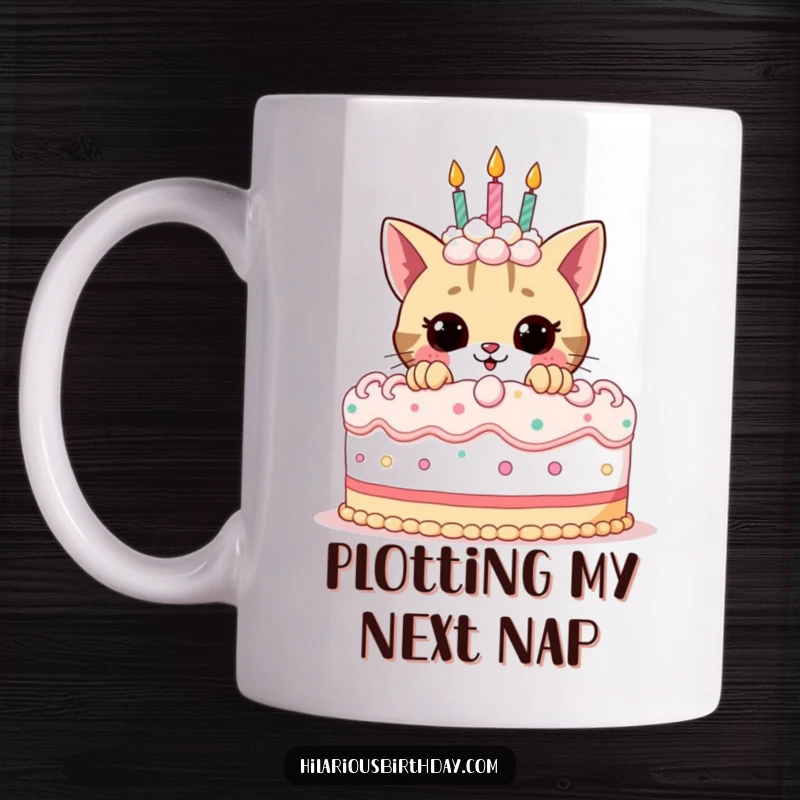 Funny birthday mug featuring a mischievous cat peeking shyly behind a large, colorful decorated cake, conveying playful excitement.