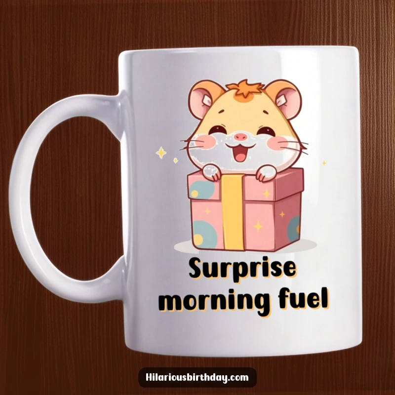 Funny mug showing a giggling hamster character playfully hiding inside a gift box, embodying cute surprise.