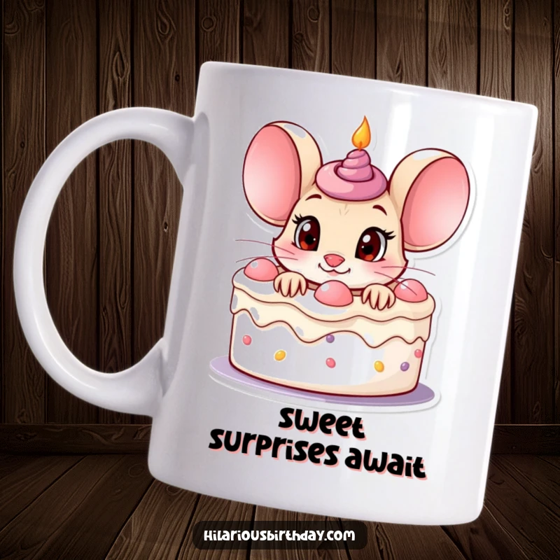 Funny curious mouse character peeking out of a birthday cake with wide eyes on this mug.