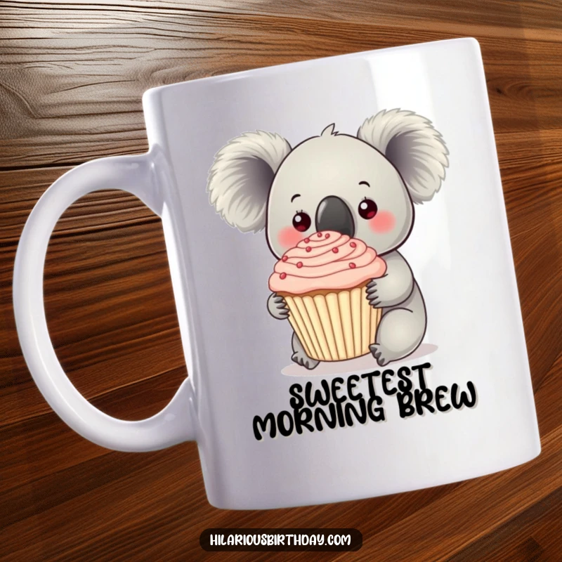 Funny curious koala holding a giant, frosted cupcake with frosting on this mug, a symbol of sweet delight.