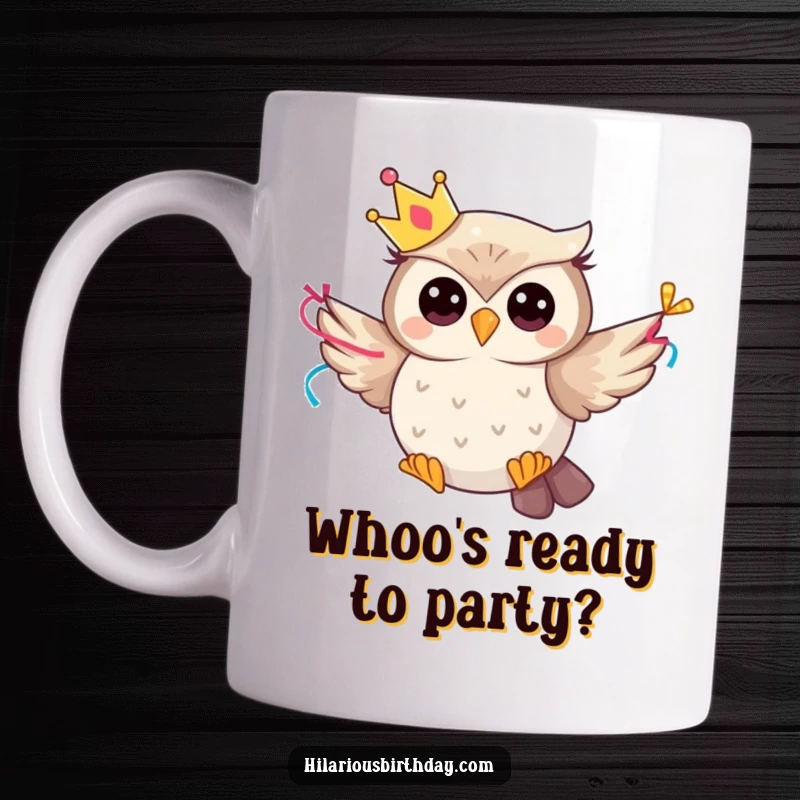 Funny party owl character wearing a crown, flying with a streamer, bringing whimsical joy to this mug.