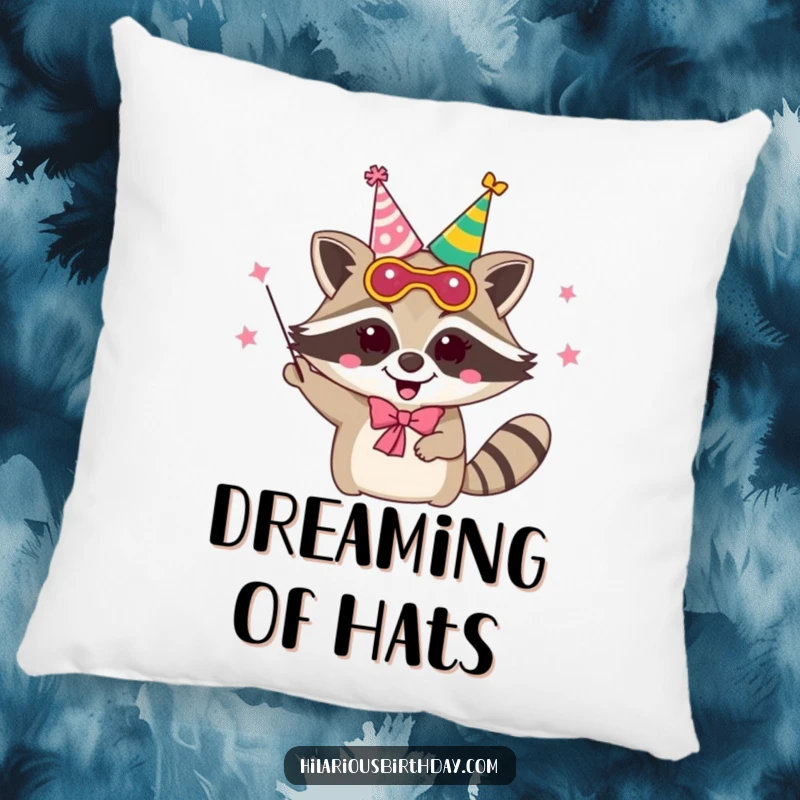Funny delighted raccoon character wearing a party mask and juggling party hats, printed on a soft pillow.
