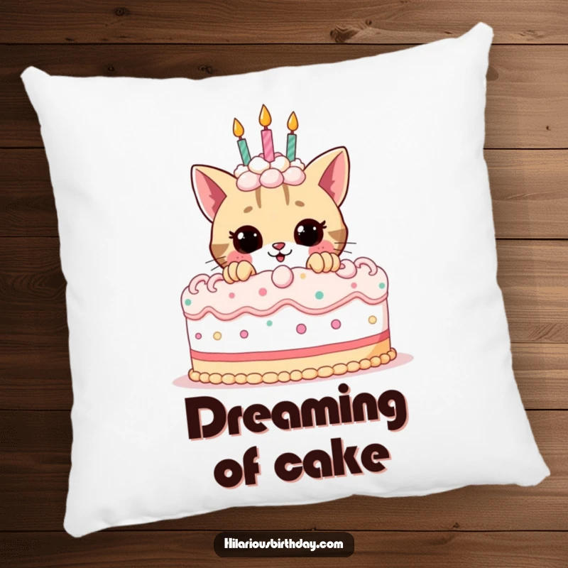 Funny birthday pillow featuring a cute cat peeking playfully from behind a large, festive birthday cake, offering comfort and charm.