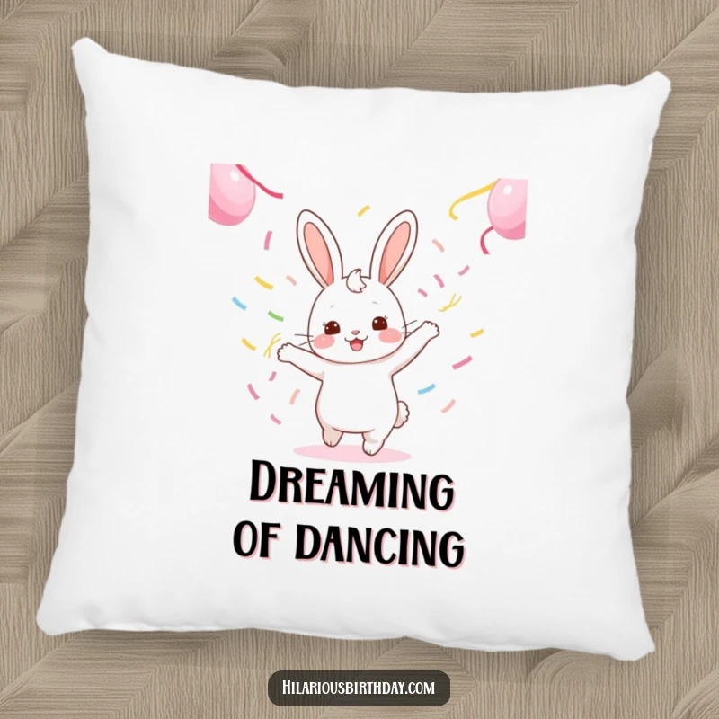 Funny kawaii rabbit character gleefully dancing with streamers, perfect for a soft and decorative pillow.
