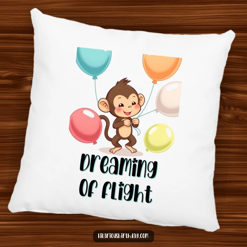 Funny monkey pillow depicting a mischievous monkey struggling with balloons, offering comfort and playful humor.