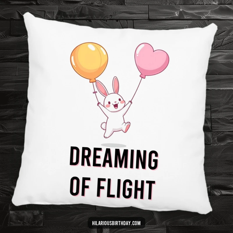 Funny pillow showing a cute bunny character jumping with excitement, reaching for a balloon, perfect for adding a touch of whimsy.
