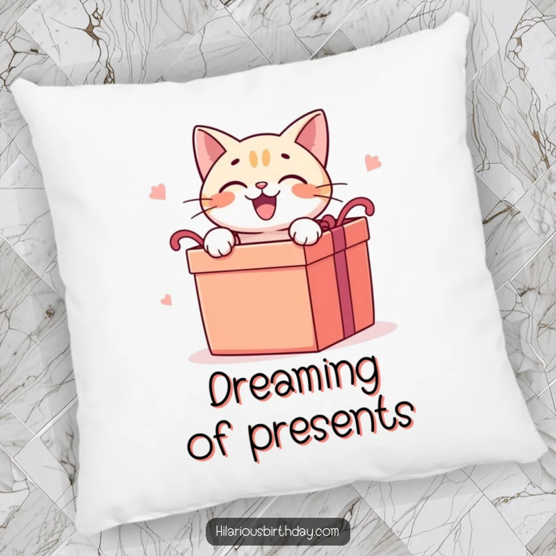Funny cat pillow with a delighted cat character eagerly opening a large gift box, providing comfort and fun.