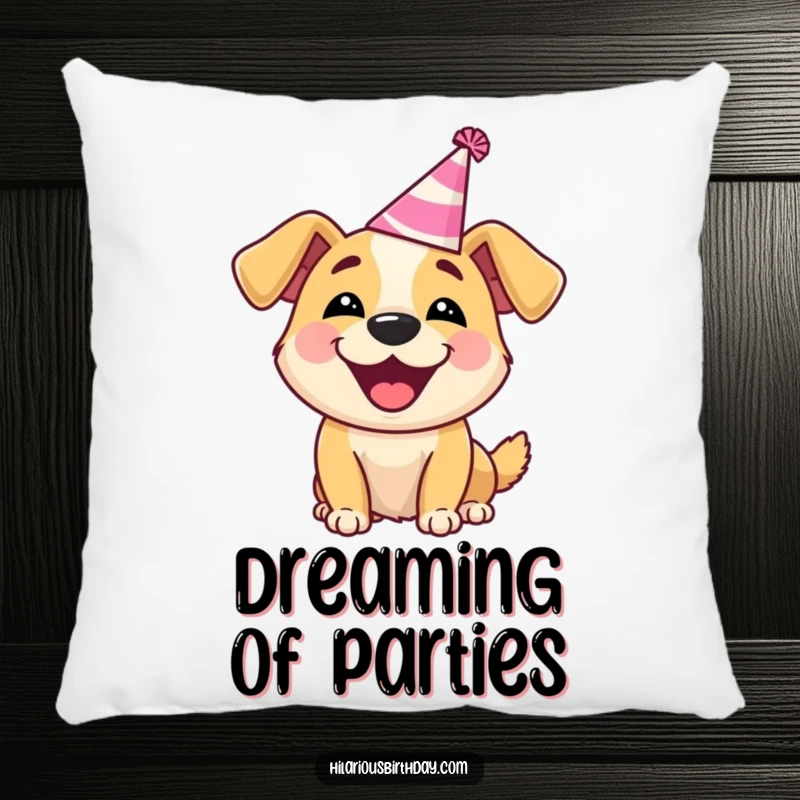 Funny Dog Pillow: Delighted dog wearing a silly party hat, barking happily, soft and humorous.