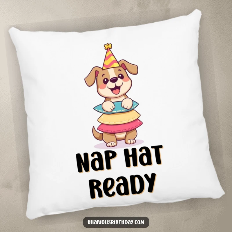 Funny pillow design of a cute dog character balancing a tower of party hats, adding a whimsical and comforting touch to any seating.