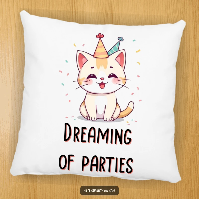 Funny Kawaii cat pillow with a cute character wearing a party hat, playfully tossing confetti, a soft, cozy, and humorous decorative item.