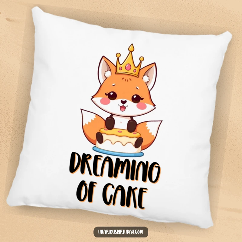 Funny Kawaii Fox Birthday Pillow featuring a crowned kawaii fox proudly holding a birthday cake aloft, designed for comfort and festive charm.
