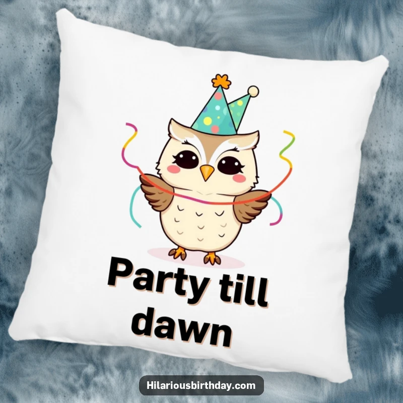 Funny owl wearing a festive party hat and holding streamers, on a soft pillow, perfect for cozying up with funny vibes.