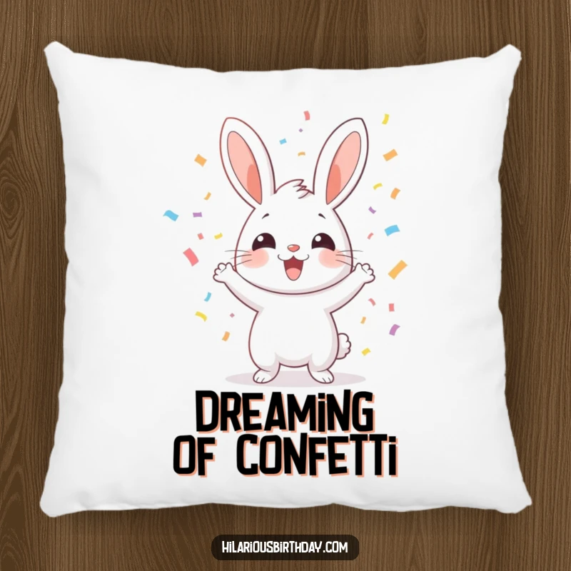 Funny cheerful rabbit tossing confetti in the air, on a soft pillow, bringing funny, celebratory comfort.