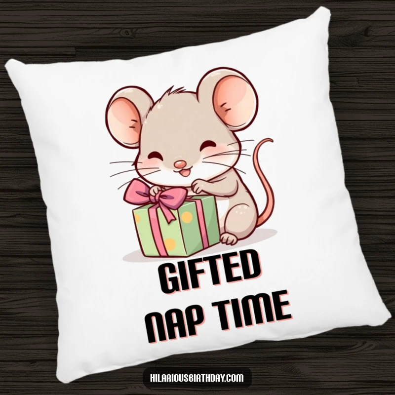 Funny kawaii mouse unwrapping a gift, a soft and decorative pillow, perfect funny gift.