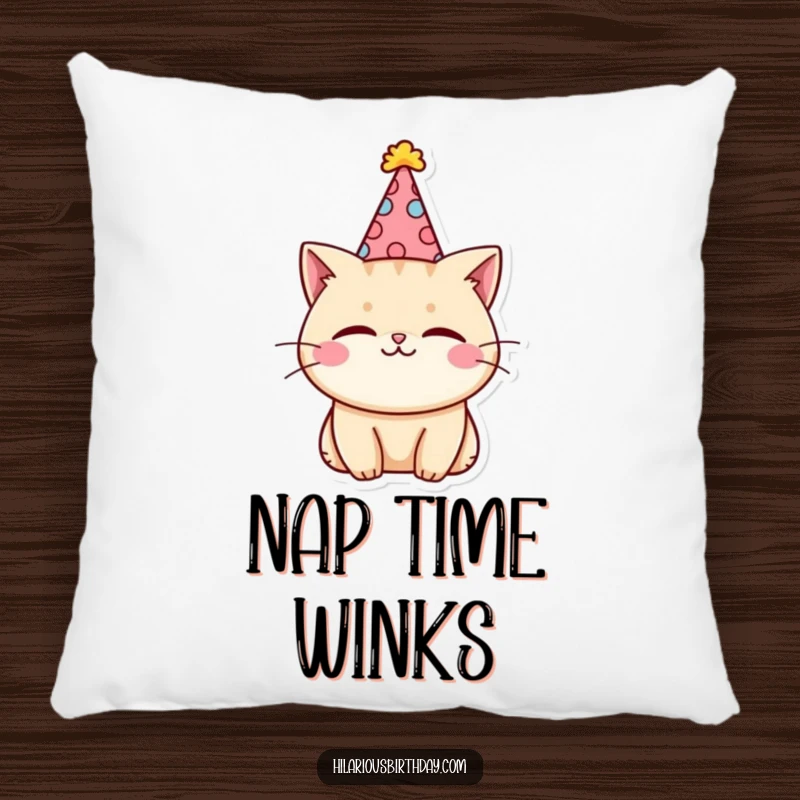 Funny kawaii cat character wearing a party hat and winking, perfect for a soft and decorative pillow.