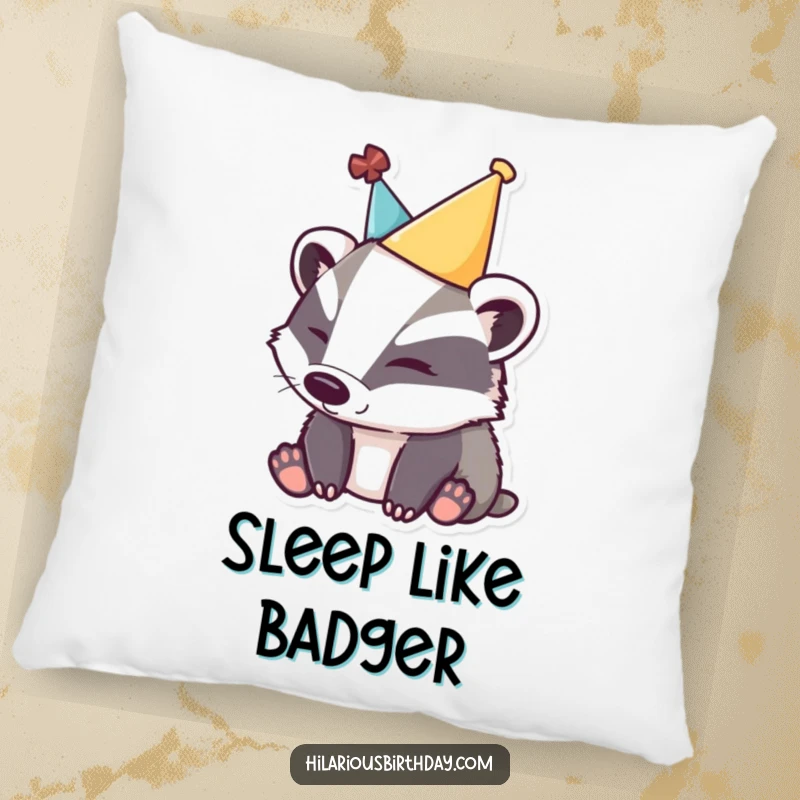 Funny sleepy badger pillow depicting a tired badger in a party hat, offering comfort and hilariously sleepy vibes.