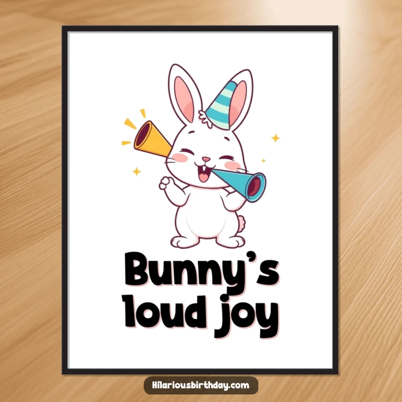 Funny bunny digital art print, a happy bunny character blowing enthusiastically on a party horn, instant festive decor.