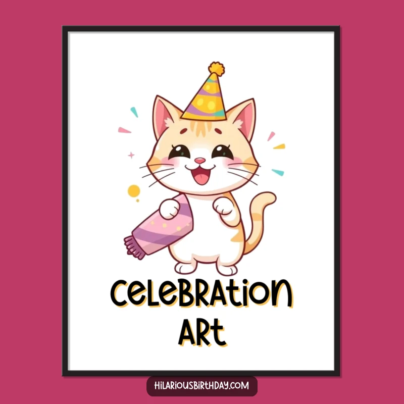 Funny Birthday Cat Digital Art Print: Festive Party Popper Instant Download
