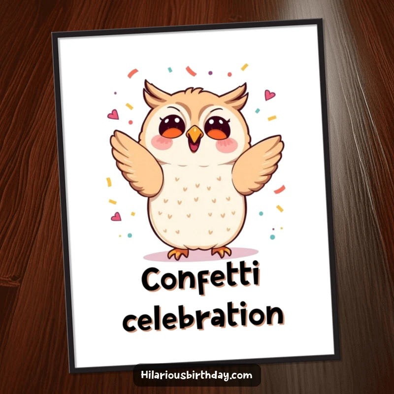 Funny kawaii owl enthusiastically tossing confetti, printable party art, great funny gift for instant cheer.