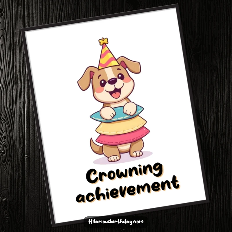 Funny digital art print of a happy dog character balancing a tall stack of party hats, conveying celebration and playful skill.