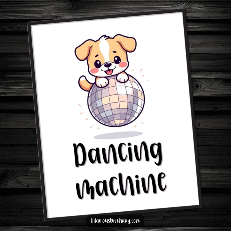 Funny kawaii dog character playfully bouncing on a giant disco ball, available as a downloadable digital art print.