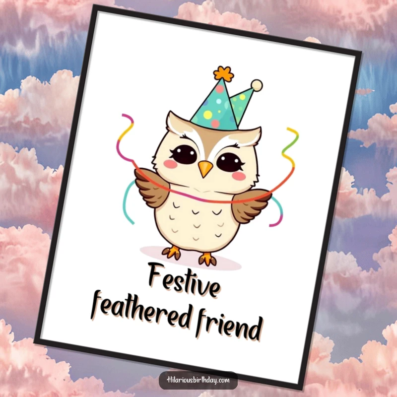 Funny owl wearing a party hat and holding streamers, as a digital art download, perfect for festive and funny decor.