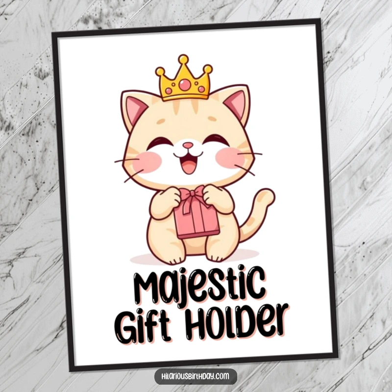 Funny digital art print of a delighted cat wearing a tiny crown and holding a gift bag.