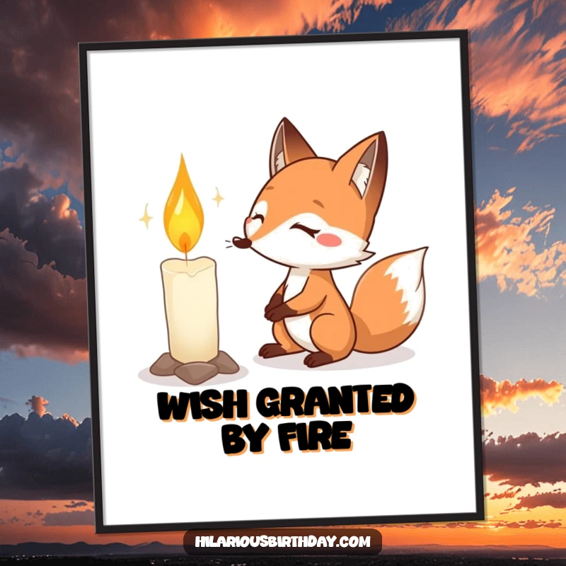 Funny fox birthday digital art print of a determined fox intensely blowing out a very large, brightly lit birthday candle.