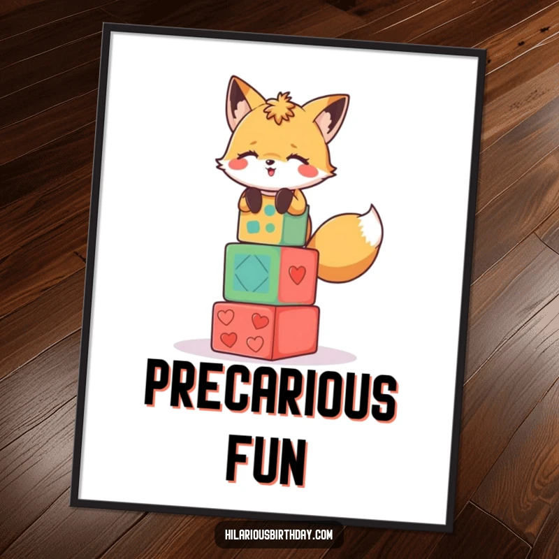 Funny digital art print of a giggling fox character stacking colorful party blocks precariously.