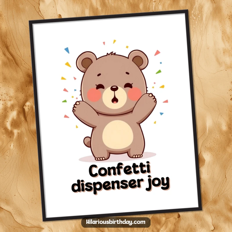 Funny digital art print of a gleeful Kawaii bear character playfully tossing colorful confetti, ideal for digital display.