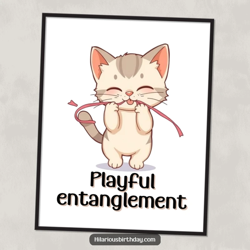 Funny mischievous kitten playfully tugging on a streamer, available as a digital art print for instant playful decor.