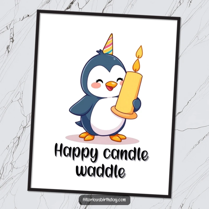 Funny happy penguin character waddling with a giant birthday candle, as a digital art print.