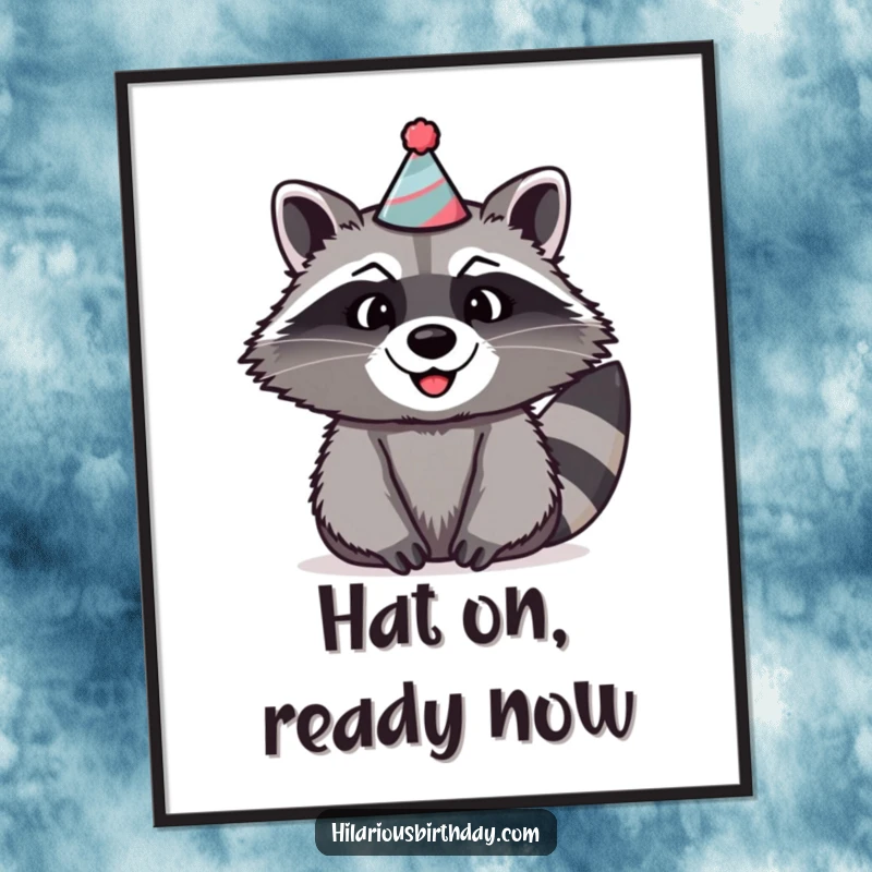 Funny raccoon digital art print of a beaming raccoon wearing a large, silly party hat and a wide, happy smile.