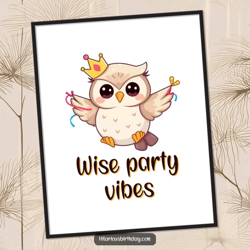 Funny whimsical owl character wearing a party crown and flying with a streamer, available as a digital art print.