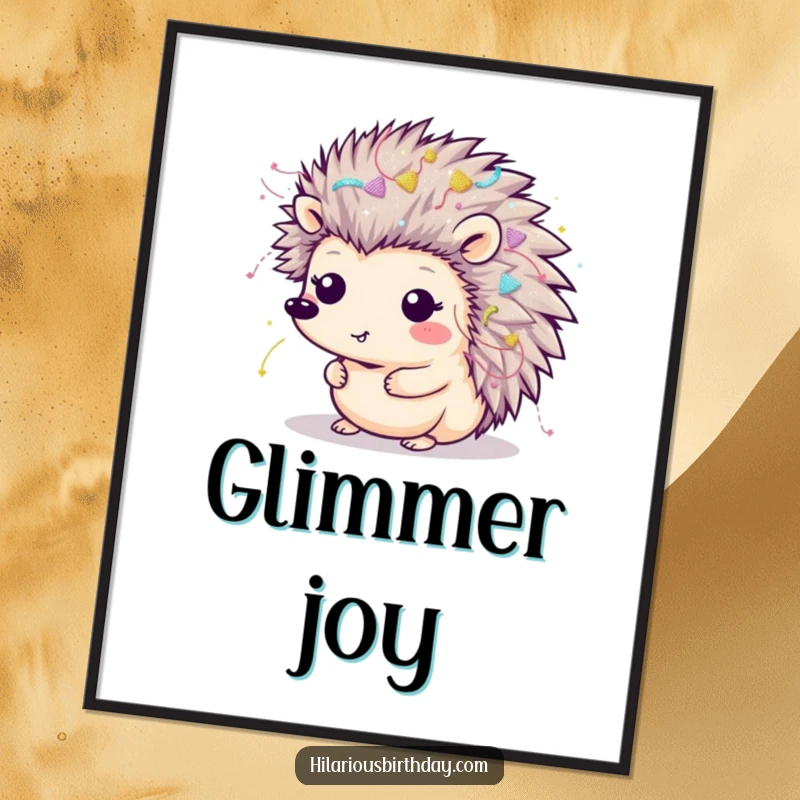 Funny Kawaii hedgehog covered in streamers and glitter, available as a digital art print for festive decor.