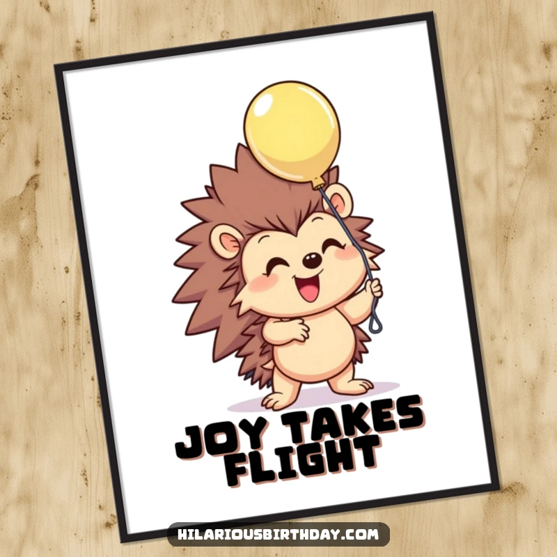 Funny smiling hedgehog character excitedly grasping a floating balloon on this vibrant digital art print, radiating pure happiness, perfect funny gift.