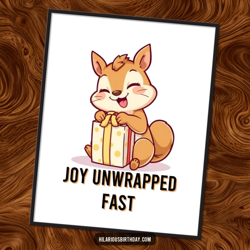 Funny giggling squirrel character rapidly unwrapping a gift with excited paws, as a digital art print.