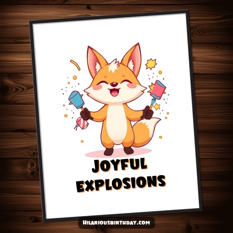 Funny gleeful fox character juggling exploding party poppers on this vibrant digital art print, radiating chaotic fun, perfect funny gift.