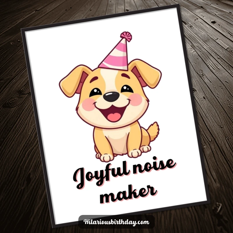 Funny Dog Digital Art: Delighted dog wearing a silly party hat, barking happily, instant humorous download.
