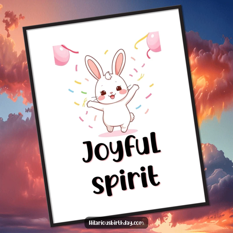 Funny kawaii rabbit character gleefully dancing with streamers, available as a digital art print.